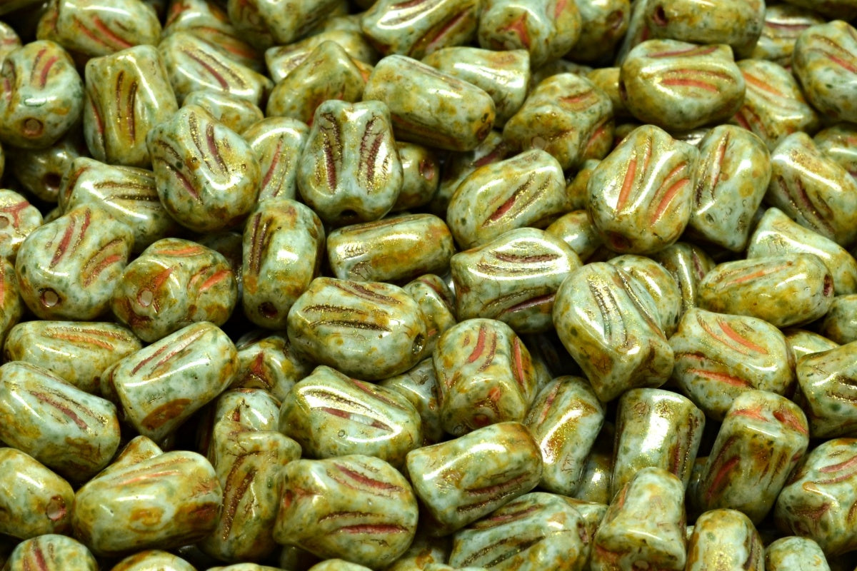 Mini Tulip Beads, White Brown Luster Spotted (02010-65326), Glass, Czech Republic