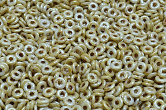Fish Ring Pressed Glass Beads (Like O-Bead Or Demi Round), White Cream Luster Spotted (02010-65321), Glass, Czech Republic