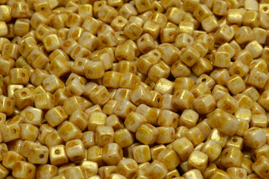 Cube Beads, White Gold Luster Spotted (02010-65322), Glass, Czech Republic