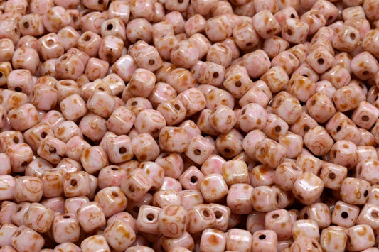 Cube Beads, Chalk White Travertin Light Pink (03000-86800-34304), Glass, Czech Republic