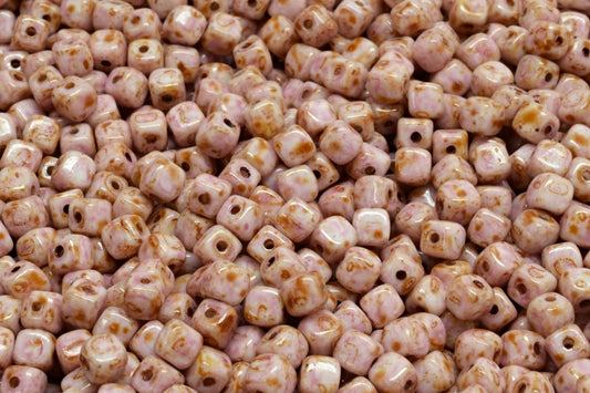 Cube Beads, Chalk White Travertin Light Fuchsia Pink (03000-86800-34306), Glass, Czech Republic