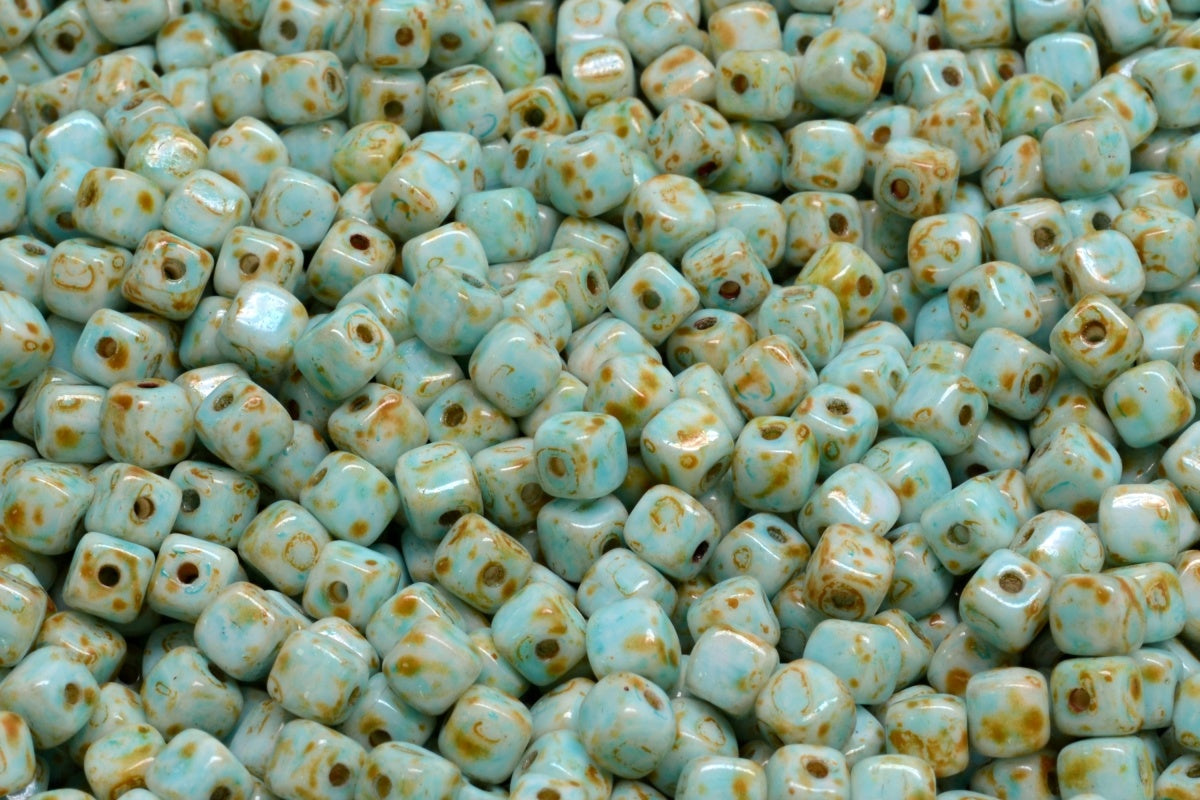 Cube Beads, Chalk White Travertin Light Aqua Blue (03000-86800-34308), Glass, Czech Republic