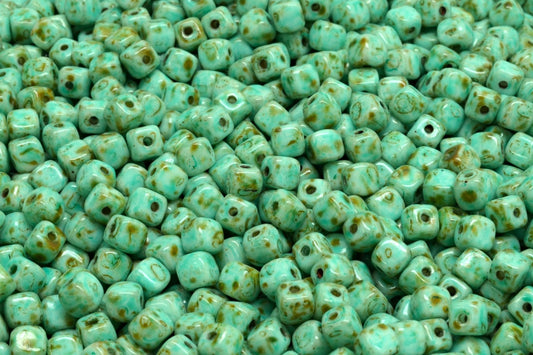 Cube Beads, Chalk White Travertin Light Turquoise (03000-86800-34309), Glass, Czech Republic
