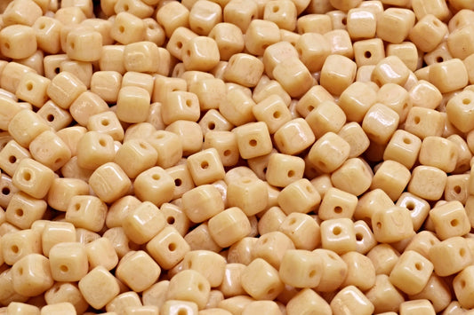 Cube Beads, Opaque Beige Beige Travertin Spotted (13010-33301), Glass, Czech Republic