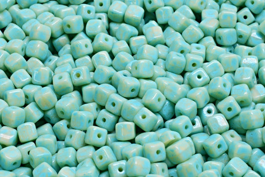Cube Beads, Opaque Beige Turqouise Spotted (13010-33309), Glass, Czech Republic