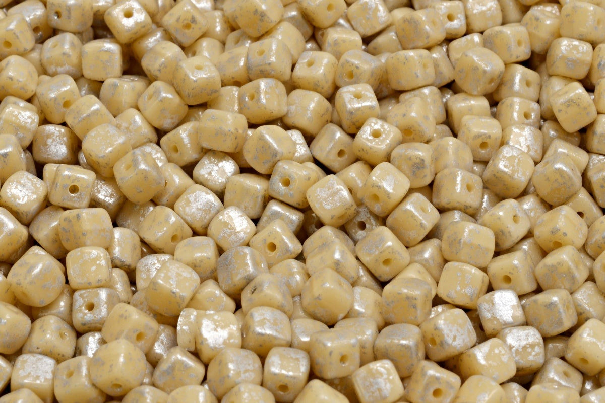 Cube Beads, Opaque Beige Silver Splash (13010-94400), Glass, Czech Republic
