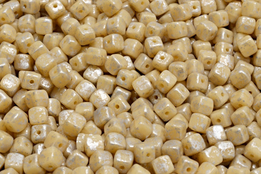 Cube Beads, Opaque Beige Silver Splash (13010-94400), Glass, Czech Republic