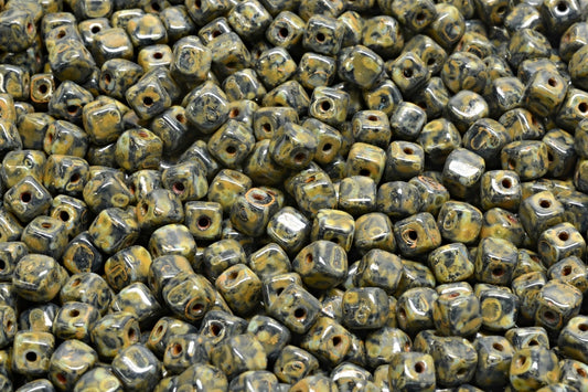Cube Beads, Black Travertin Orange Spotted (23980-86800-33302), Glass, Czech Republic