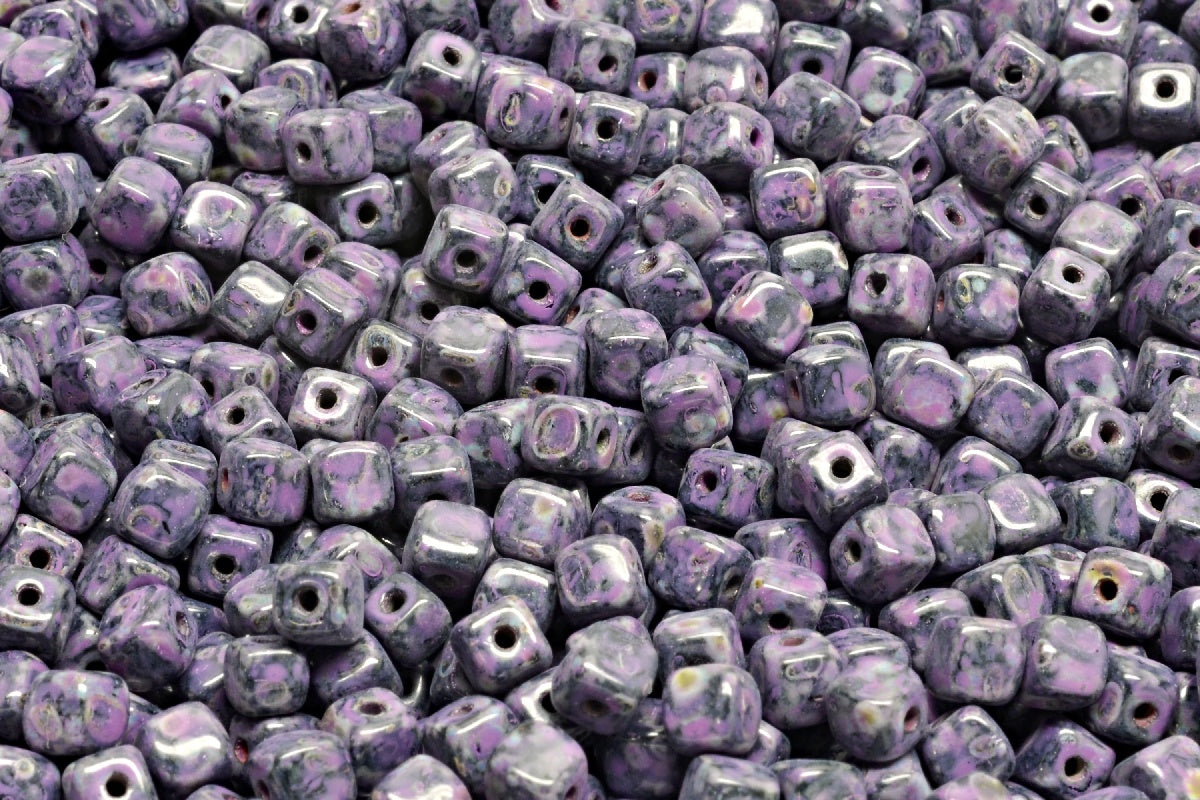 Cube Beads, Black Travertin Pink Spotted (23980-86800-33306), Glass, Czech Republic