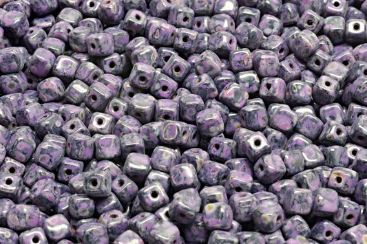 Cube Beads, Black Travertin Pink Spotted (23980-86800-33306), Glass, Czech Republic
