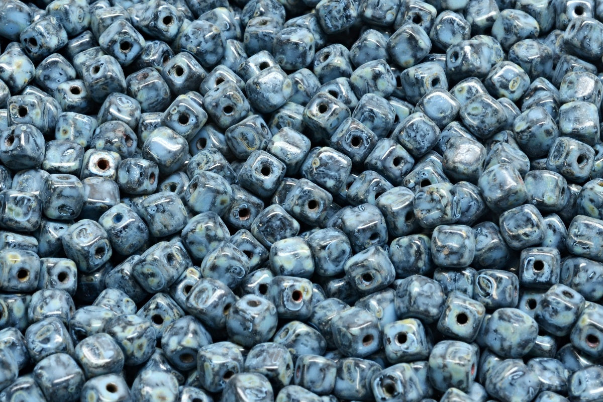 Cube Beads, Black Travertin Blue Spotted (23980-86800-33308), Glass, Czech Republic
