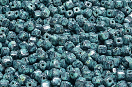 Cube Beads, Black Travertin Turqouise Spotted (23980-86800-33310), Glass, Czech Republic