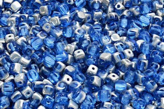 Cube Beads, Cobalt Crystal Silver Half Coating (30050-27001), Glass, Czech Republic