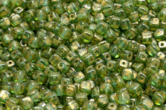 Cube Beads, Transparent Aqua Gold Splash (60020-86720), Glass, Czech Republic