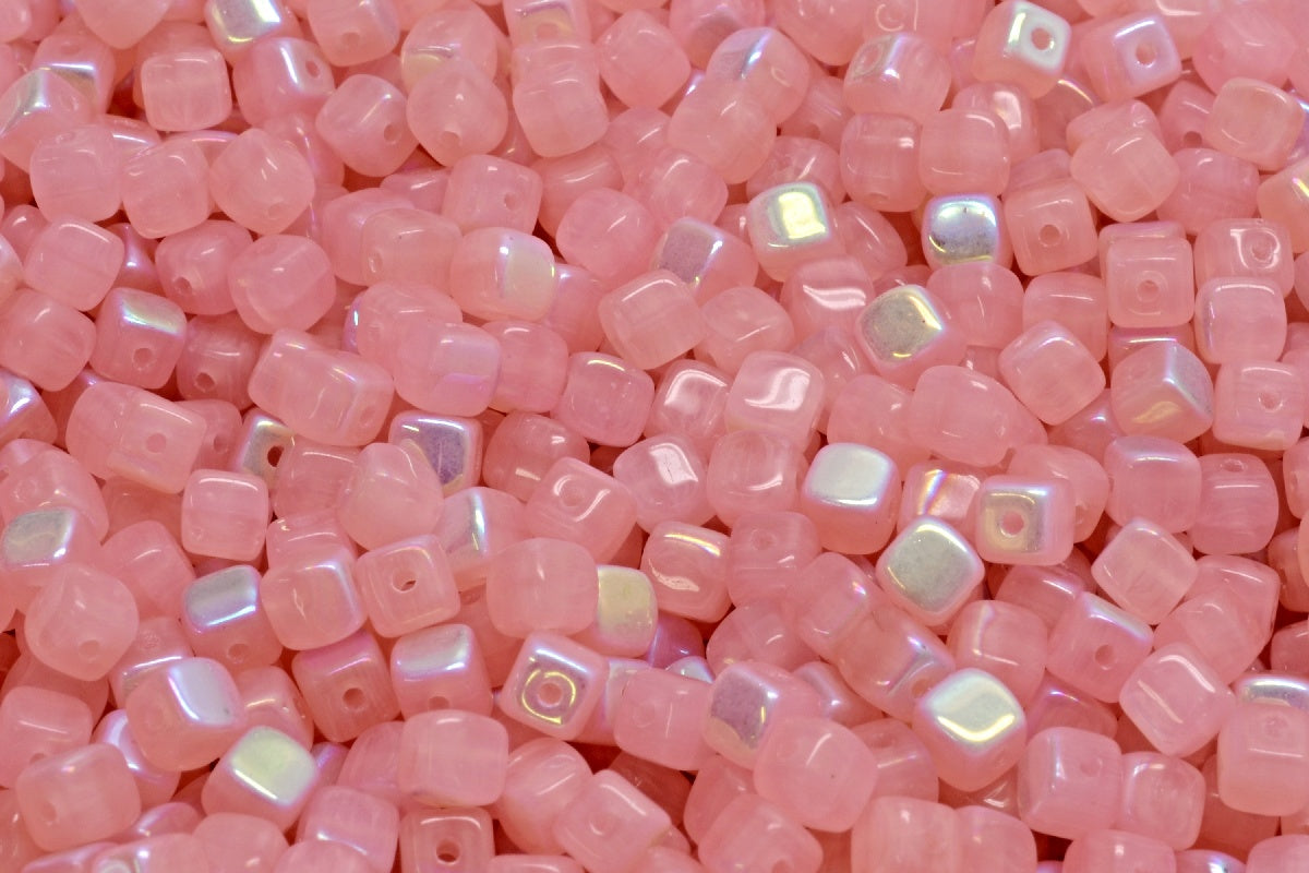 Cube Beads, Opal Pink Ab (71400-28701), Glass, Czech Republic