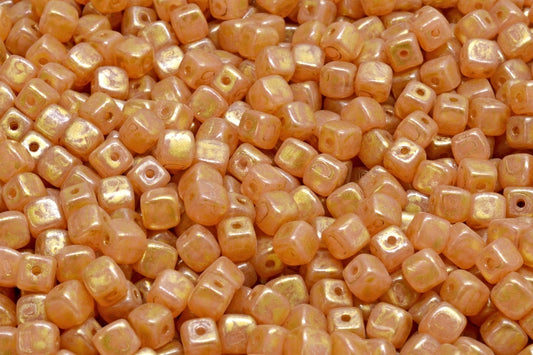 Cube Beads, Opal Pink Gold Splash (71400-86720), Glass, Czech Republic