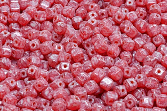 Cube Beads, Ruby Red Beige Spotted (90080-33312), Glass, Czech Republic