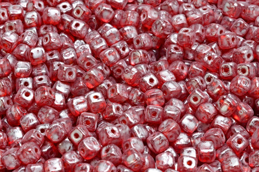 Cube Beads, Ruby Red Silver Splash (90080-86700), Glass, Czech Republic