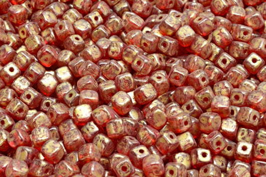 Cube Beads, Ruby Red Gold Splash (90080-86720), Glass, Czech Republic