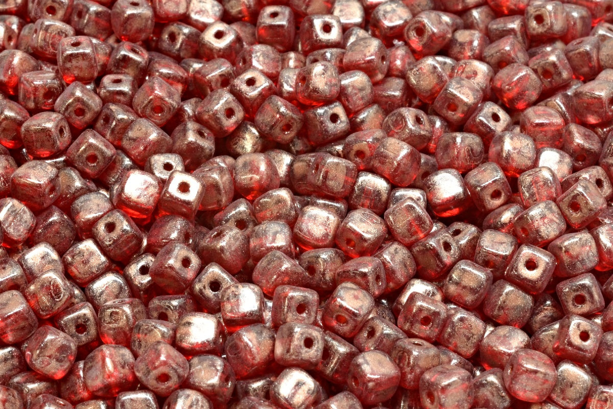 Cube Beads, Ruby Red Copper Splash (90080-86750), Glass, Czech Republic