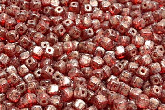 Cube Beads, Ruby Red Copper Splash (90080-86750), Glass, Czech Republic