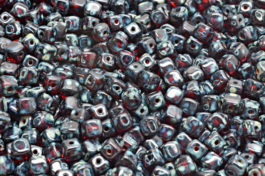 Cube Beads, Ruby Red Travertin (90080-86800), Glass, Czech Republic