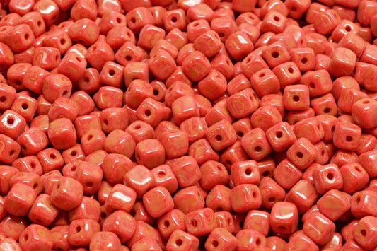 Cube Beads, Opaque Red Orange Spotted (93200-33302), Glass, Czech Republic