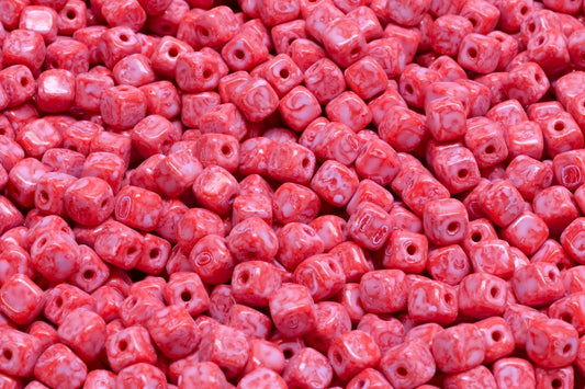 Cube Beads, Opaque Red Cold Purple Spotted (93200-33305), Glass, Czech Republic