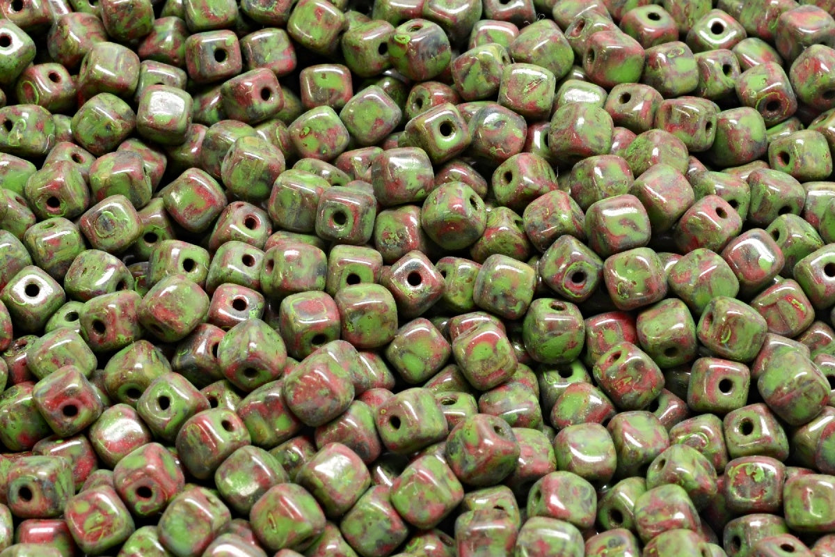 Cube Beads, Opaque Red Travertin Green Spotted (93200-86800-33311), Glass, Czech Republic
