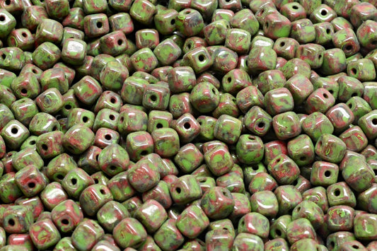 Cube Beads, Opaque Red Travertin Green Spotted (93200-86800-33311), Glass, Czech Republic