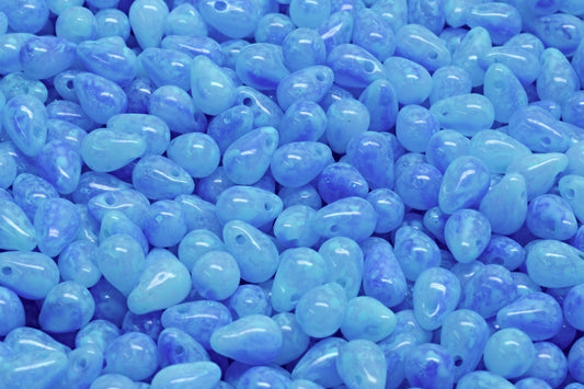 OUTLET 10 grams Drop Beads, 4 x 6 mm, Opal White Opaque Blue Turqouise Spotted (01000-33050-33309), Glass, Czech Republic