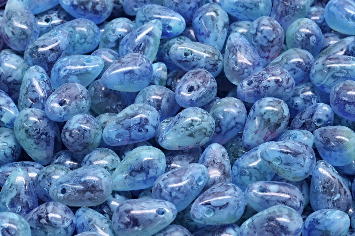 OUTLET 10 grams Drop Beads, 6 x 9 mm, Tt004 Turqouise Spotted (TT004-33309), Glass, Czech Republic
