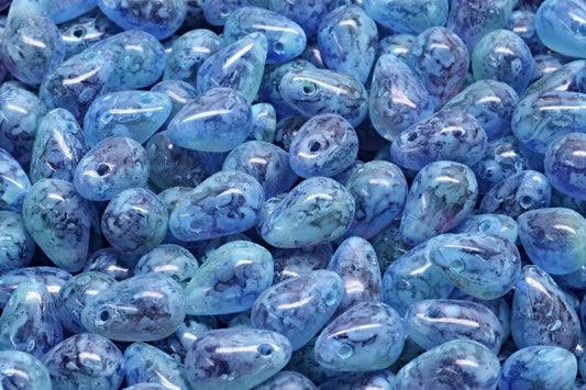 OUTLET 10 grams Drop Beads, 6 x 9 mm, Tt004 Turqouise Spotted (TT004-33309), Glass, Czech Republic