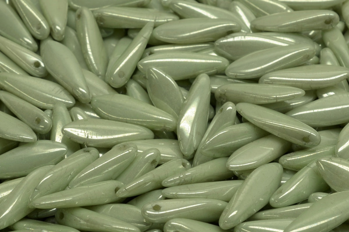 OUTLET 10 grams Dagger Beads, 5 x 16 mm, White Luster Green Full Coated (02010-14457), Glass, Czech Republic