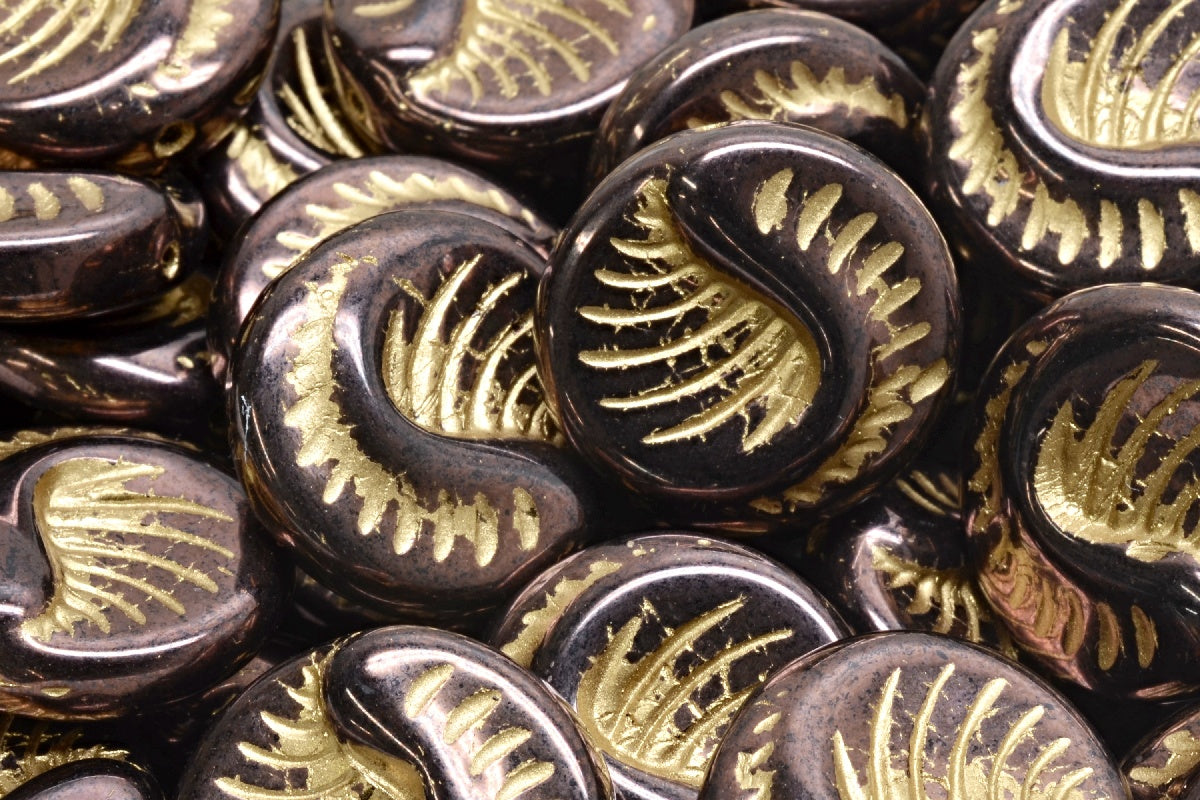 Fossil Coin Beads, Black Purple Gold Lined (23980-15726-54302), Glass, Czech Republic