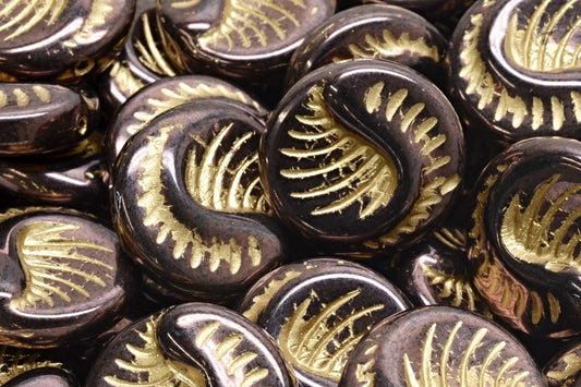Fossil Coin Beads, Black Purple Gold Lined (23980-15726-54302), Glass, Czech Republic
