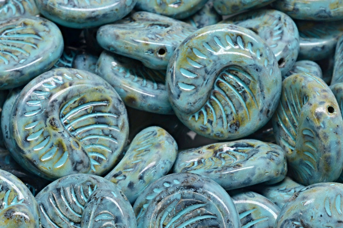 Fossil Coin Beads, Black Travertin Turqouise Spotted (23980-86800-33309), Glass, Czech Republic