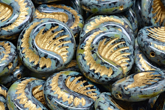 Fossil Coin Beads, Black Travertin Gold Lined (23980-86800-54302), Glass, Czech Republic