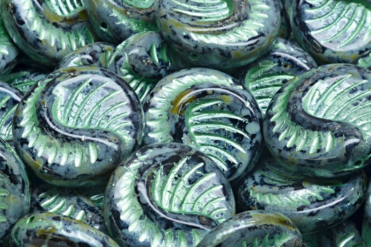 Fossil Coin Beads, Black Travertin Green Lined (23980-86800-54322), Glass, Czech Republic