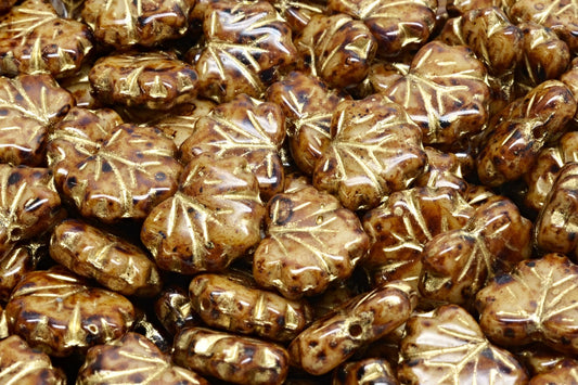 Maple Leaf Beads, Opaque Beige Travertin Gold Lined (13010-86800-54302), Glass, Czech Republic
