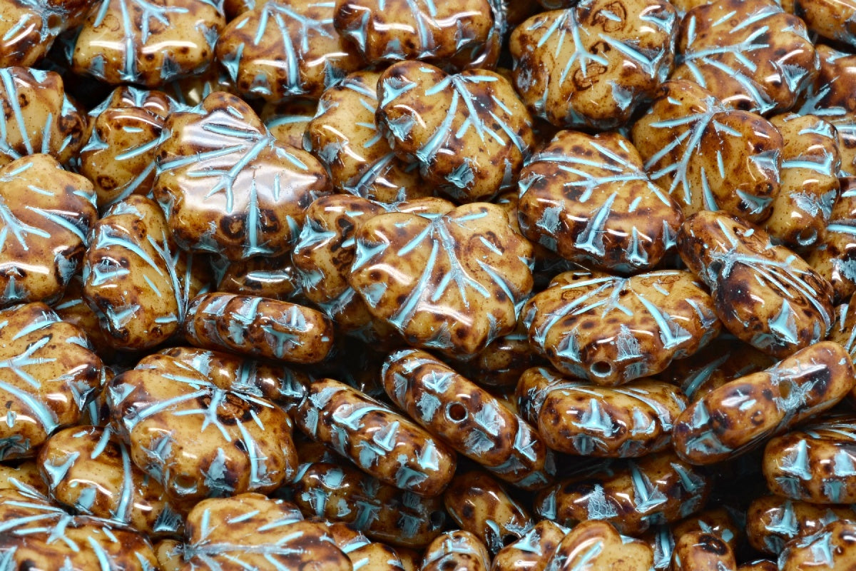 Maple Leaf Beads, Opaque Beige Travertin Light Blue Lined (13010-86800-54308), Glass, Czech Republic
