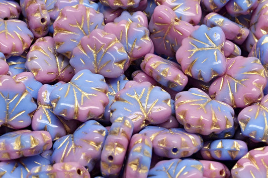 Maple Leaf Beads, Mix Blue Pink Opaque Gold Lined (37724-54302), Glass, Czech Republic