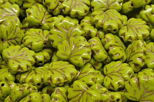 Maple Leaf Beads, Green Bronze Lined (53420-54317), Glass, Czech Republic