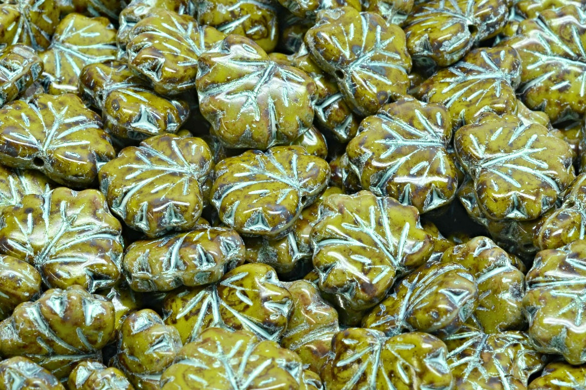 Maple Leaf Beads, Green Travertin 43801 (53420-86800-43801), Glass, Czech Republic