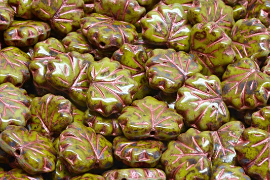 Maple Leaf Beads, Green Travertin Copper Lined (53420-86800-43806), Glass, Czech Republic