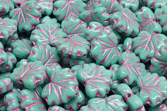 Maple Leaf Beads, Turquoise Pink Lined (63130-54321), Glass, Czech Republic