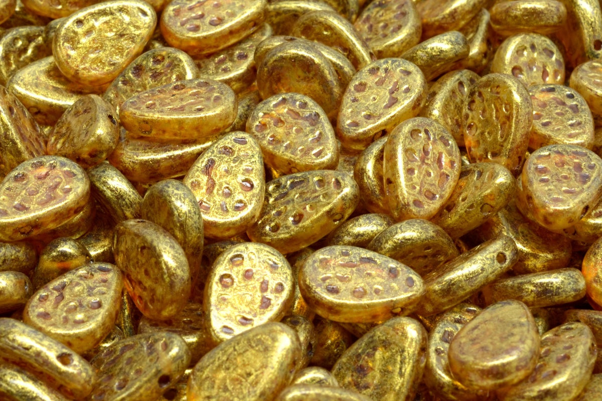 OUTLET 10 grams Flat Dotty Teardrop Beads, 9 x 11 mm, Crystal Matte Gold Luster Spotted (00030-84100-65322), Glass, Czech Republic
