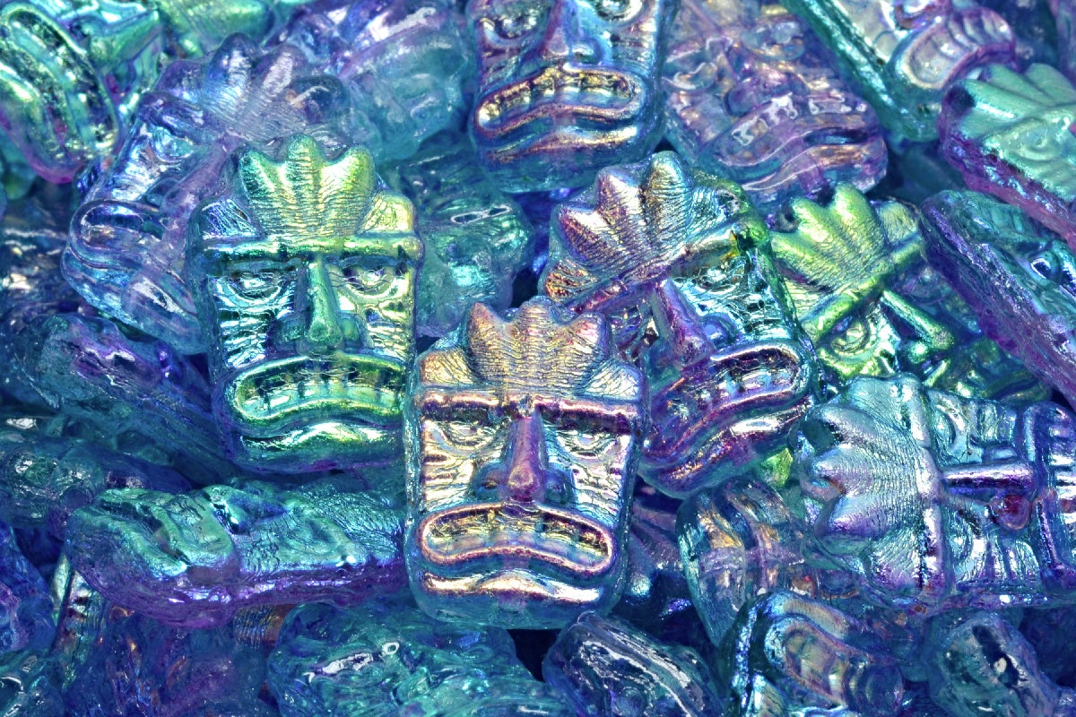 Tiki Mask Beads, Crystal Glossy Blue Purple (00030-48123), Glass, Czech Republic