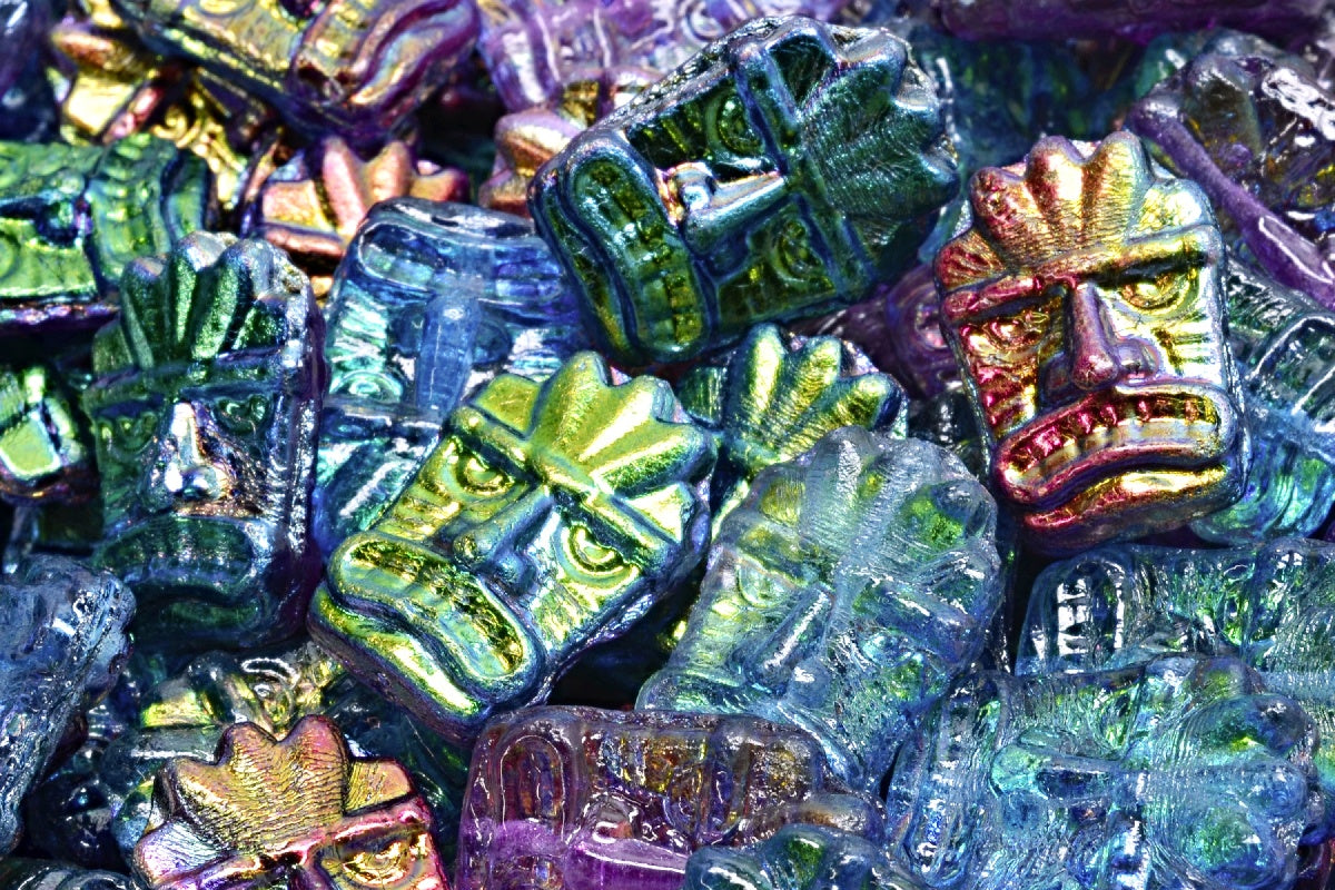 Tiki Mask Beads, Crystal Magic Blue (00030-95100), Glass, Czech Republic