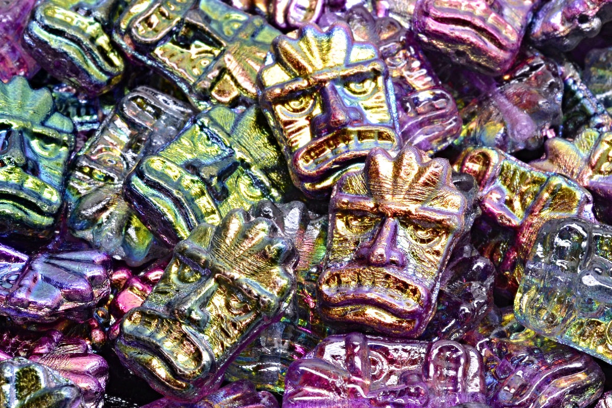 Tiki Mask Beads, Crystal Purple Vitrail (00030-95500), Glass, Czech Republic